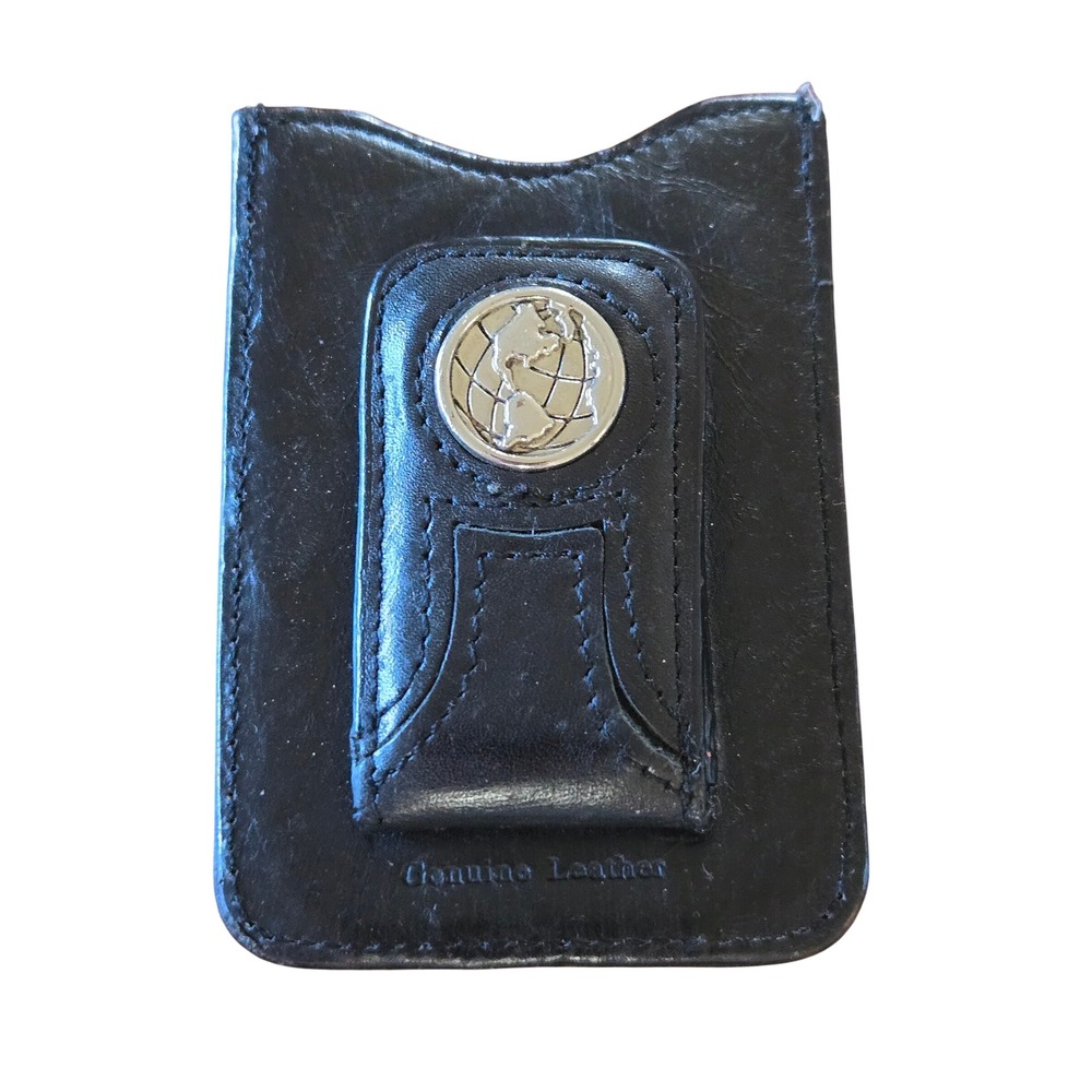 Genuine Leather NWOT Magnetic Money Clip Card Holder Wallet Black Globe Emblem
